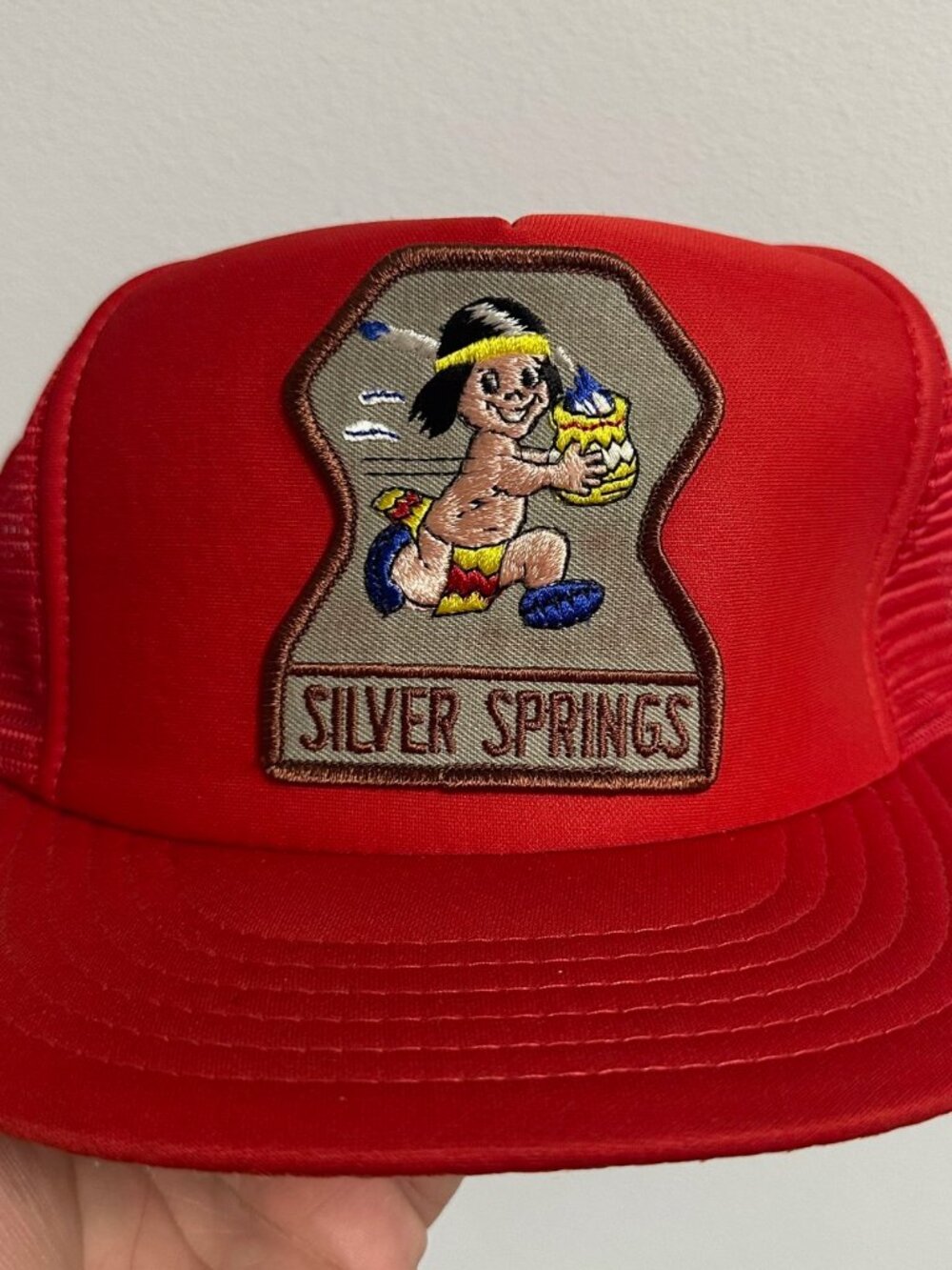 Vintage Silver Springs Florida Native American Patch Trucker Hat Red